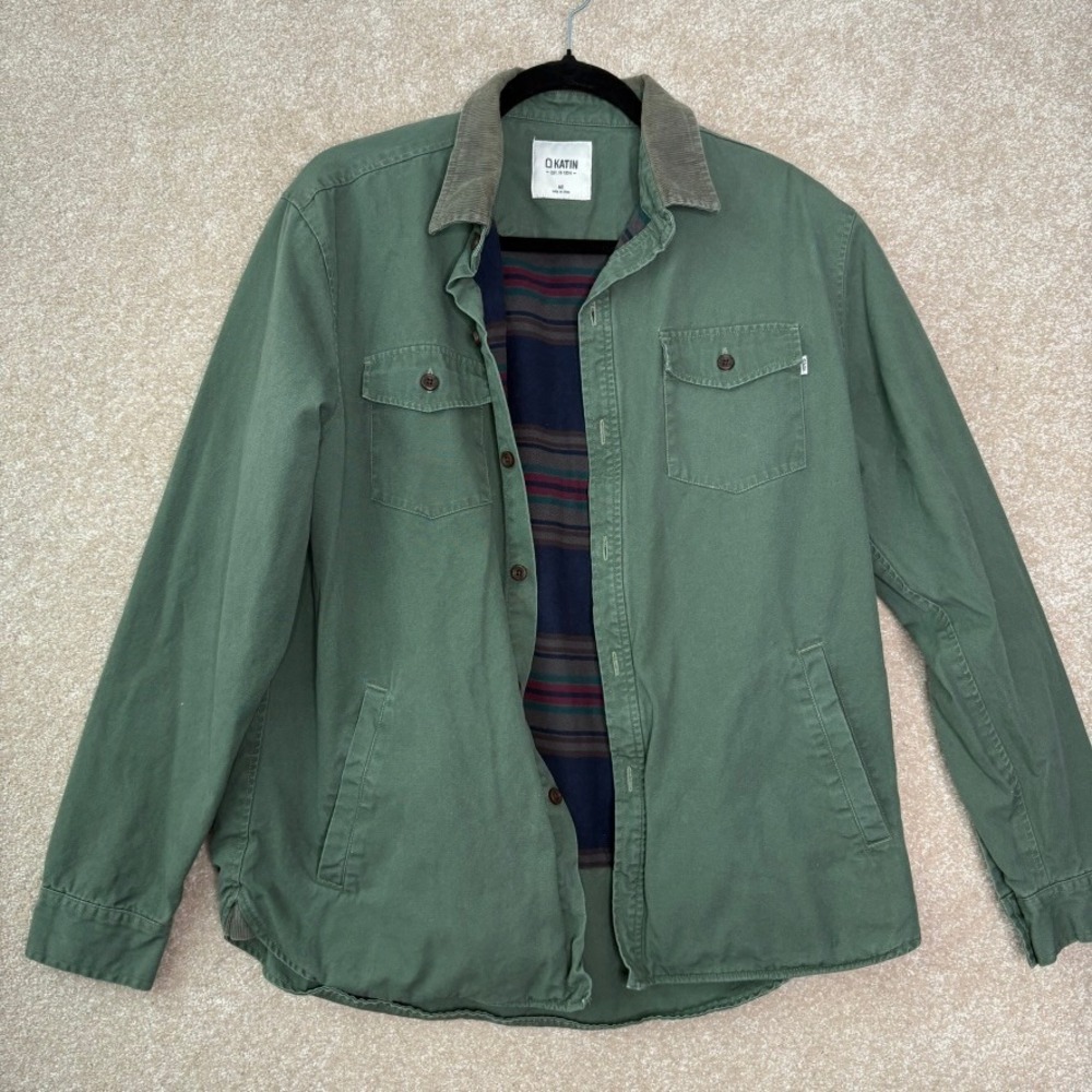 KATIN Cambell Canvas Shirt Jacket Men's Medium Green Corduroy Collar Flannel‎